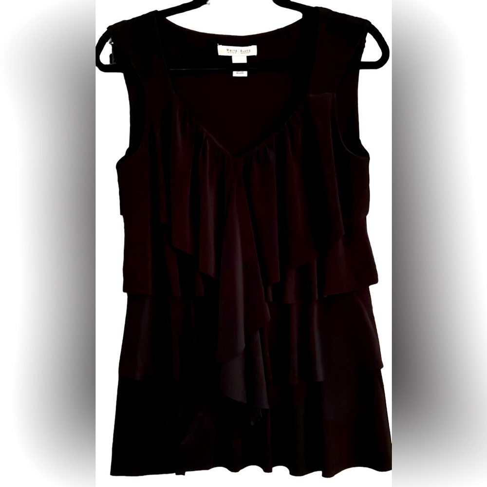 WHITE HOUSE/BLACK MARKET Solid Black Tiered Ruffle Sleeveless Top, Medium, GUC.